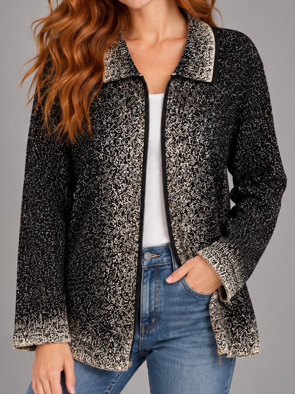 Misook Plus Size 2X Black Gold Rhinestone Metallic Career Zip Cardigan Jacket